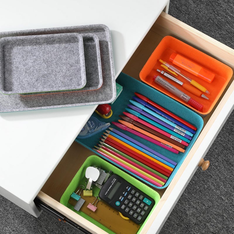 Welaxy stackable Lidded drawer organizer bins home office work desktop storage box with lid for junk makeup stationery decluttering sorting 3-pack gift idea (Orange + Green + Turquoise) - Image 3